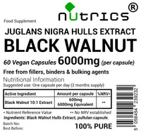 Nutrics® 6000mg (per Capsule) Black Walnut Hulls Extract V Capsules - 100% Pure No fillers Binders or Bulking Agents - Juglans Nigra Persian Regia Jupiter's Royal Acorn Supplement (60)