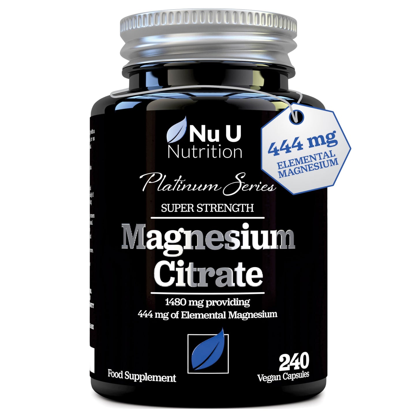 Magnesium Citrate 1480mg - 240 Vegan Capsules - 4 Month Supply - Providing 444mg Elemental Magnesium - Magnesium Capsules not Magnesium Tablets - High Strength Magnesium Supplement