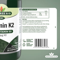Natures Aid Vitamin K2 100mcg with Vitamin D3 – High Strength MenaQ7 Formula – Supports Bone Strength, Calcium Absorption, Muscle Function – Vegan, Gluten Free, Non-GMO – 30 Capsules