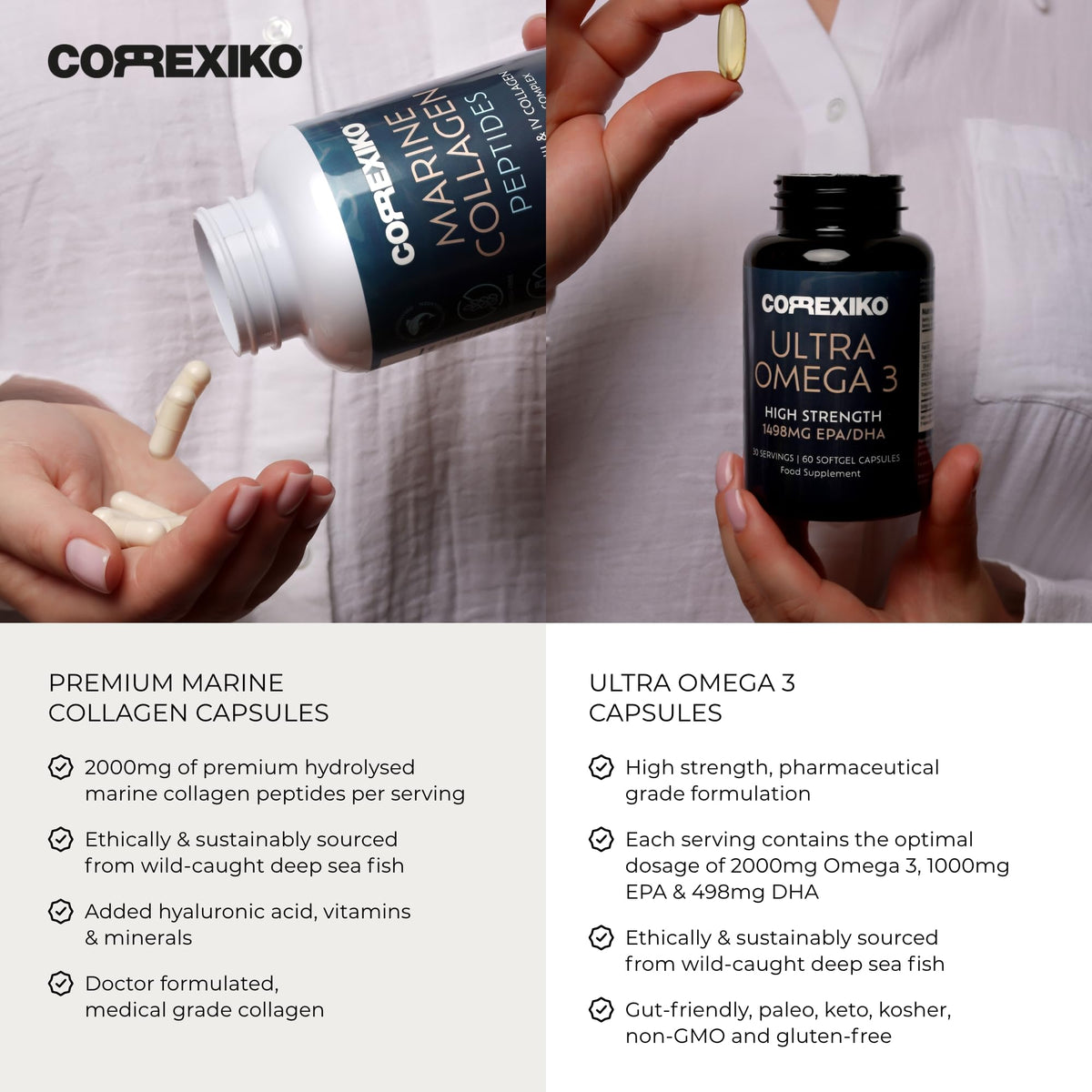 CORREXIKO Marine Collagen Capsules & Ultra Omega 3 Supplement Bundle - 2000mg Hydrolysed Collagen Peptides with Vitamins - High Strength Omega 3 Capsules - for Hair, Skin & Nails - 30 Day Supply