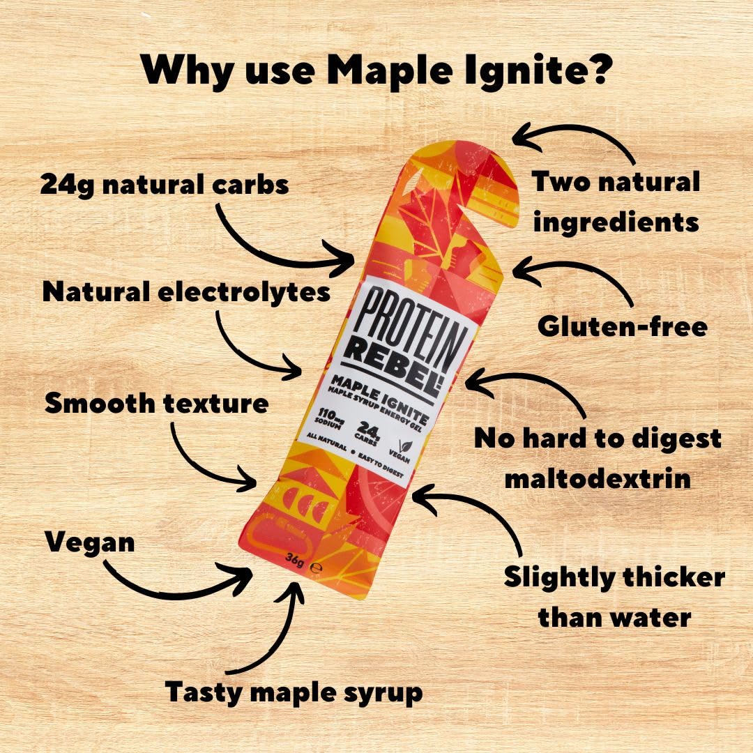 Protein Rebel Maple Ignite Natural Energy Gel Upgrade for Runners, Cyclists, Endurance Workout | Easy to Digest | 2 Natural Ingredients | 24g Carbs, Electrolytes (1)