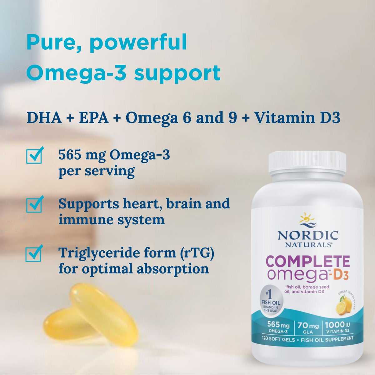 Nordic Naturals Complete Omega-D3, 565mg Omega 3 Fish Oil Omega 3 Supplements with Omega 6, Omega 9 and Vitamin D3, High Dose, Lemon Flavour, 120 Softgels, Soy Free, Gluten Free