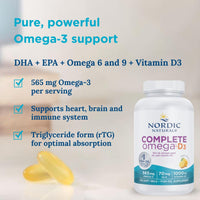 Nordic Naturals Complete Omega-D3, 565mg Omega 3 Fish Oil Omega 3 Supplements with Omega 6, Omega 9 and Vitamin D3, High Dose, Lemon Flavour, 120 Softgels, Soy Free, Gluten Free
