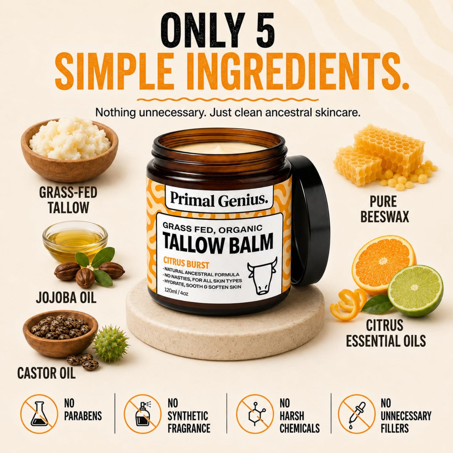 Primal Genius Tallow Balm Citrus Burst Grass Fed Organic Beef Tallow Skincare, 120ml