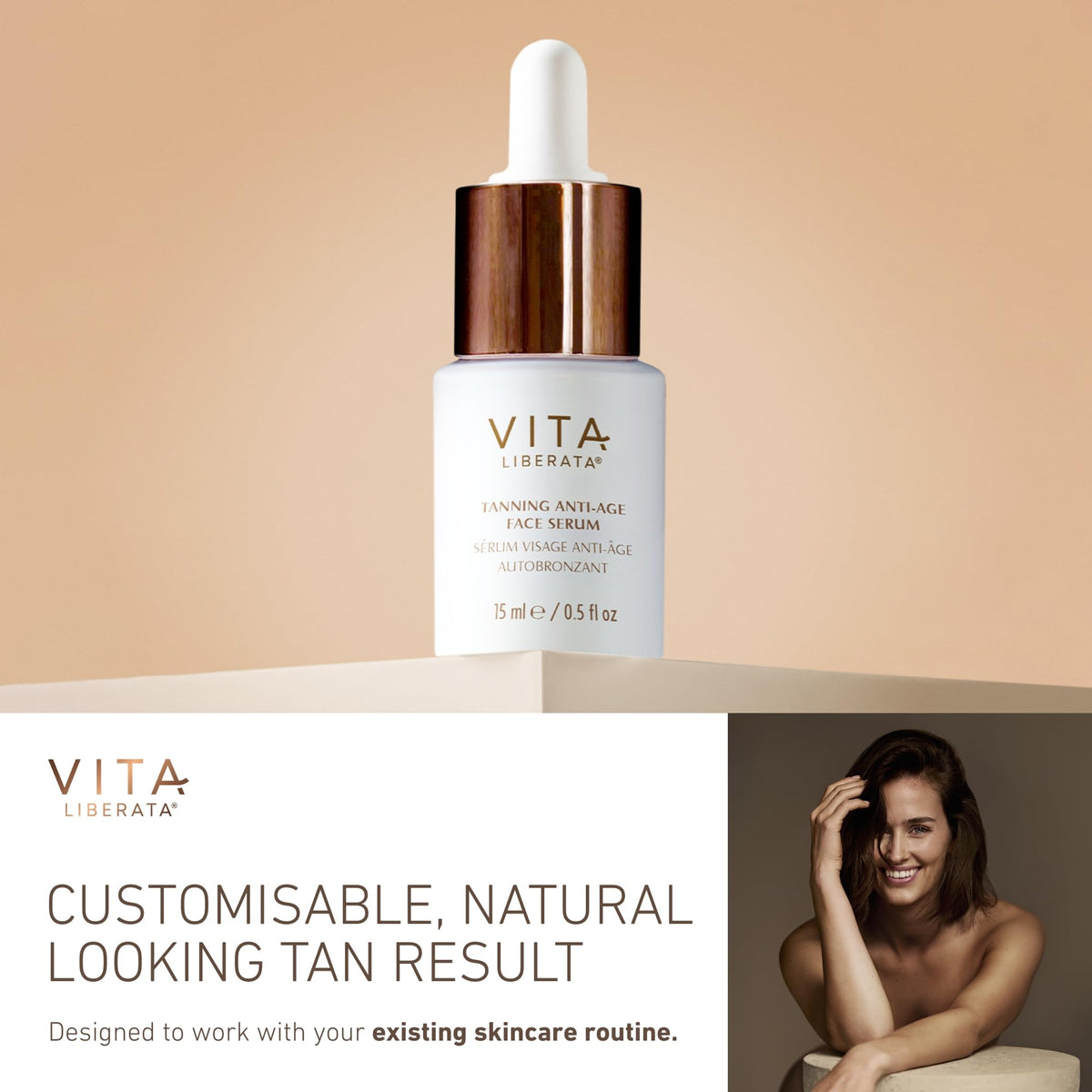 VITA LIBERATA Anti Age Serum 15ml & Brush Bundle, Anti-ageing & Hydrating, Customizable Tan, Streak Free Application Blending Brush, Natural, Sunkissed Glow, Skincare Ingredients