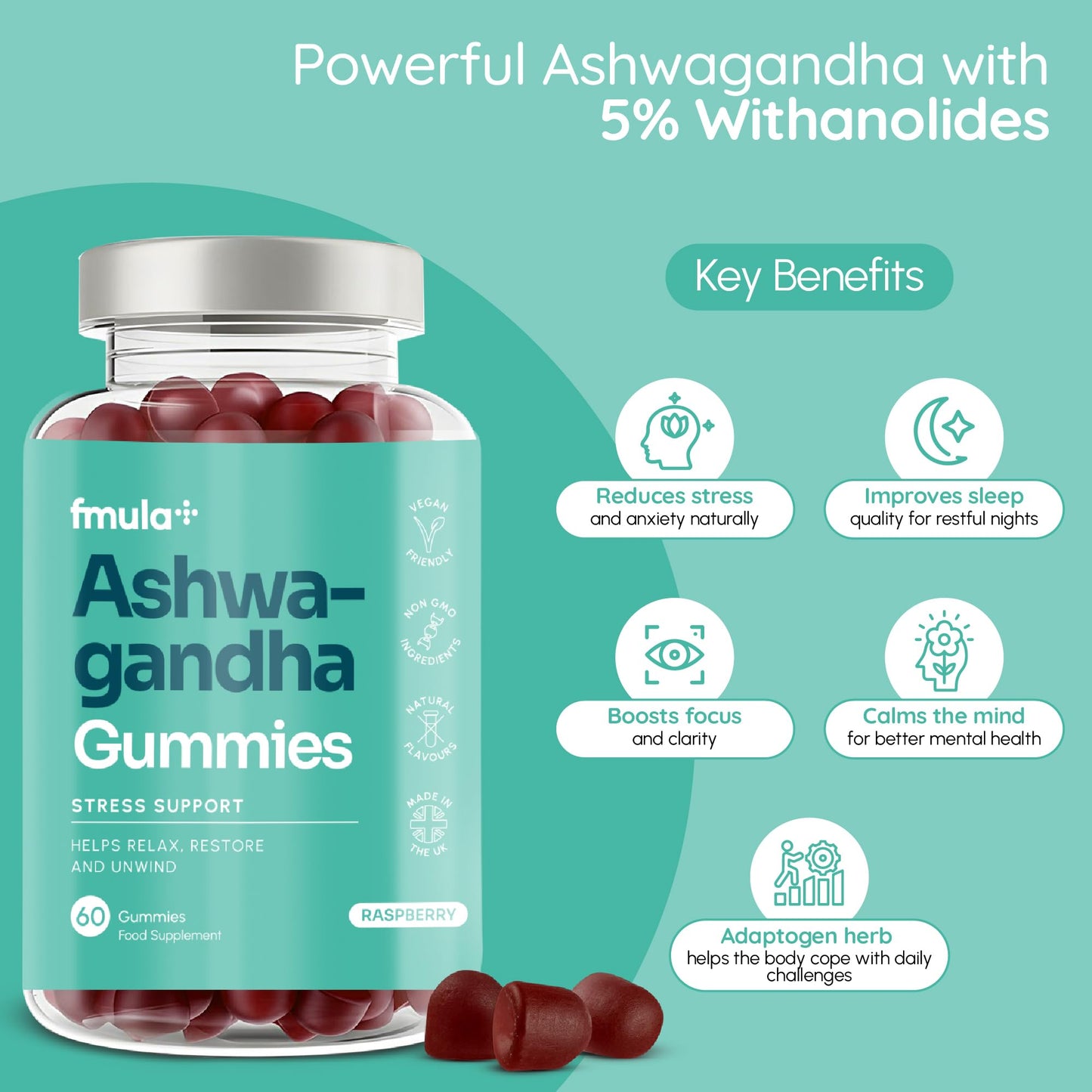 fmula+ Ashwagandha High Strength Gummies | 1200mg Organic Ashwagandha Gummies with 5% Withanolides | Relaxation & Stress Relief Supplements | Raspberry Flavour | Vegan-Friendly | Gelatin-Free | 60 Gummies