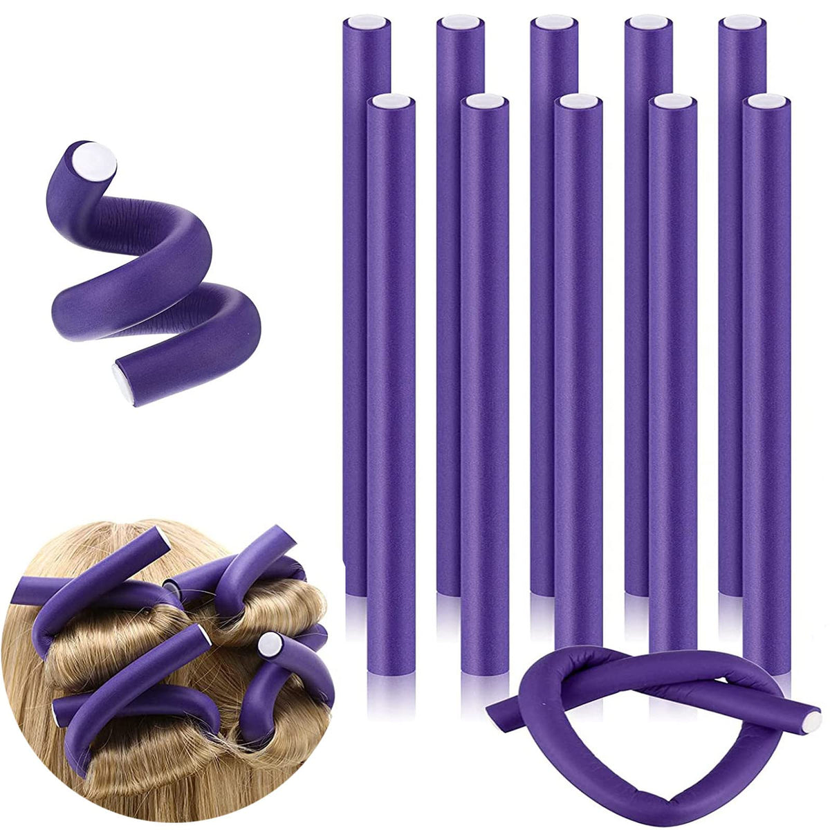 JEOPKO 10 Pcs Flexible Curling Rods, Flexi Rods for Hair, Twist Foam Hair Rollers Soft Foam No Heat Hair Rods Rollers Curlers for Women Girls Long and Short Hair (Purple)