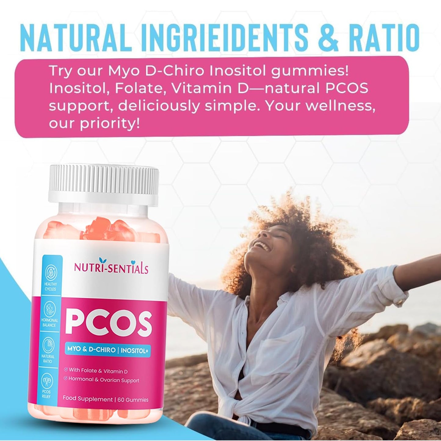Myo-Inositol & D-Chiro Inositol Gummies- Myo & D-Chiro Inositol Supplement with Folate & Vitamin D- Natural Ratio Ovarian Support Women Hormone Balance Blend- PCOS Supplements for Women- 60 Gummies