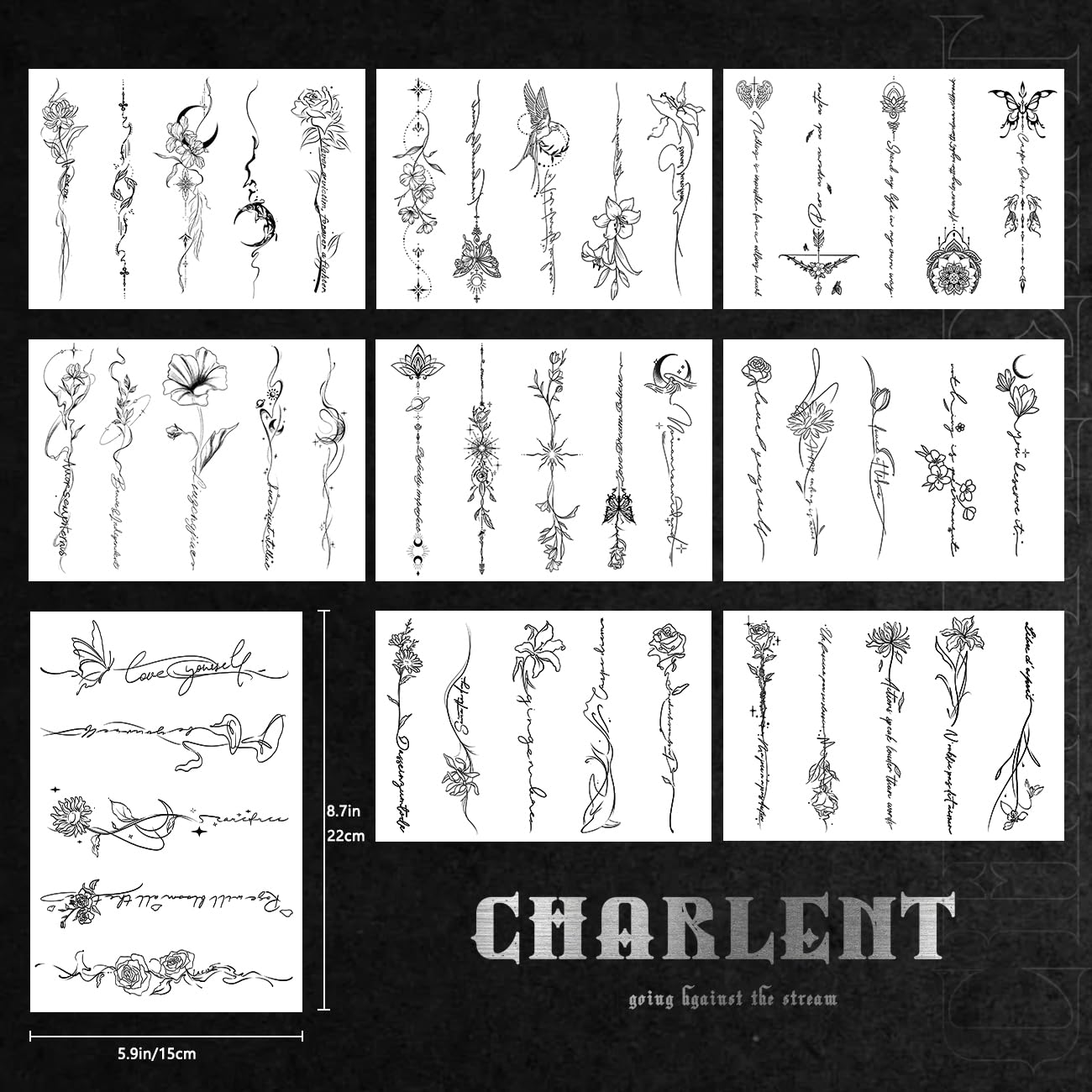CHARLENT Temporary Tattoos for Women Girls - 45 Pcs Line Flower Words Sketch Realistic Long Last Fake Tattoo Waterproof Minimal Line Art Tattoo for Arm Backbone Leg Body