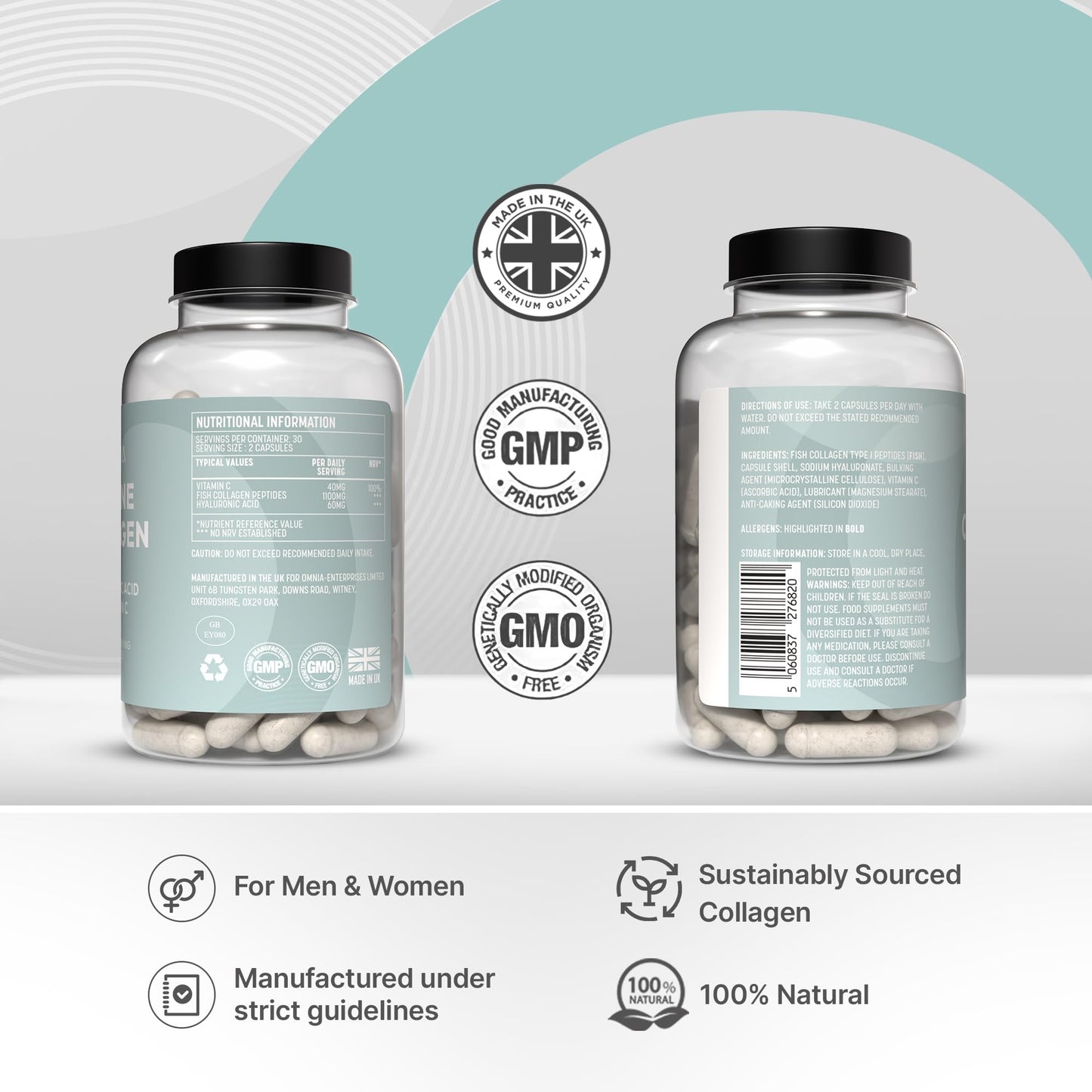 OMNIA Omnia Marine Collagen Capsules 1200mg - High Potency Skin, Hair & Nail Health Formula for Women & Men - with Type I Collagen, Hyaluronic Acid & Vitamin C - 60 Capsules - UK Made