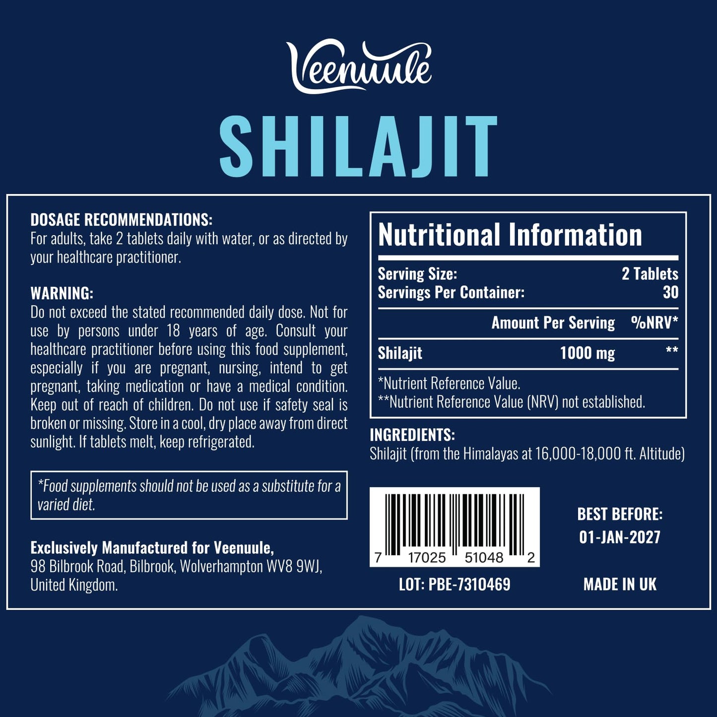 Veenuule 30,000mg Shilajit Tablets, Gold Grade Shilajit Supplement, Rich in Fulvic Acid & 85+ Trace Minerals (60 Count (Pack of 2))