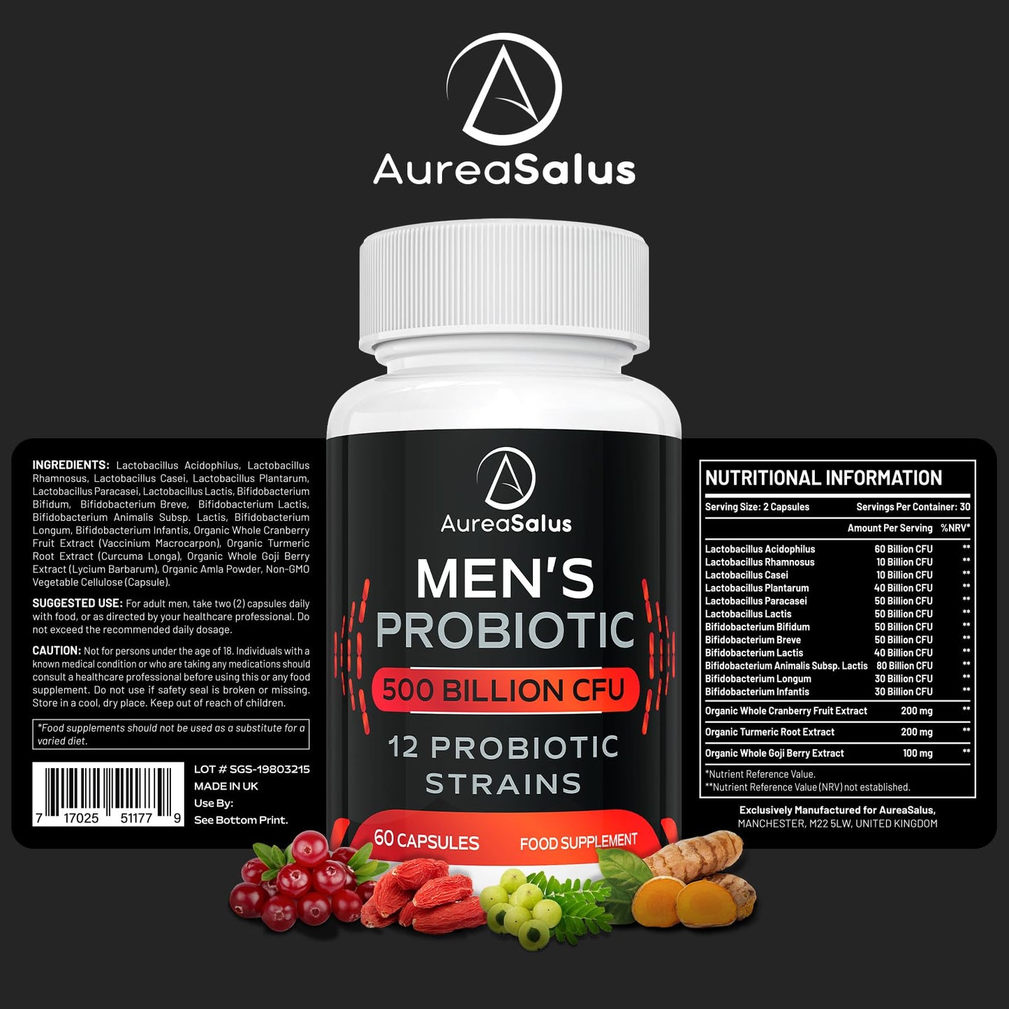 AureaSalus Probiotic for Men, 500 Billion CFU 12 Strains, Men's Probiotic with Cranberry, Turmeric, Goji Berry, Probiotics for Gut & Digestive Health, Gluten and Dairy Free, 60 Capsules (60 Count (Pack of 1))