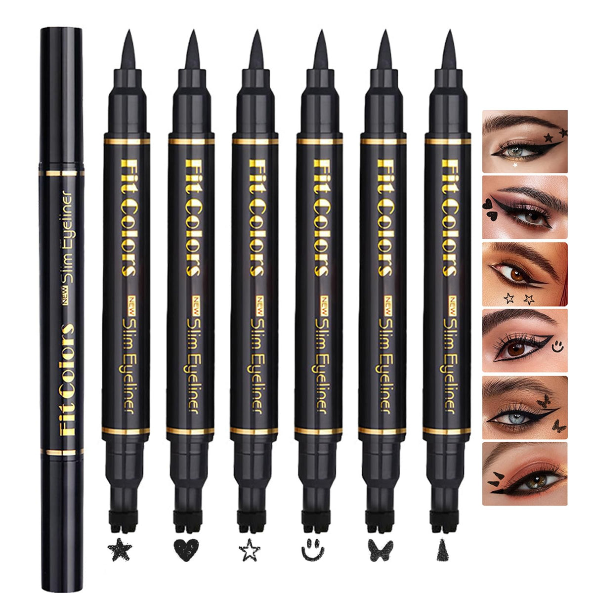 Sitovely Double-headed Liquid Eyeliner Stamp Pencil Set, 6PCS Winged Black Eyeliner Pen for Women, Eyeliner Stencils Long-Lasting Tattoo Makeup-Triangle,Star,Heart,Smiley,Butterfly (B, M)