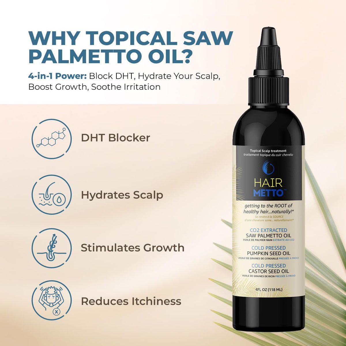 HAIRMETTO® Pumpkin Seed Oil with Saw Palmetto – Cold Pressed Pumpkin Seed Oil for Hair Growth – 10X Potency Targeted Scalp Treatment with Castor, Lavender Scent, Rosemary Oil 4oz (118ml)