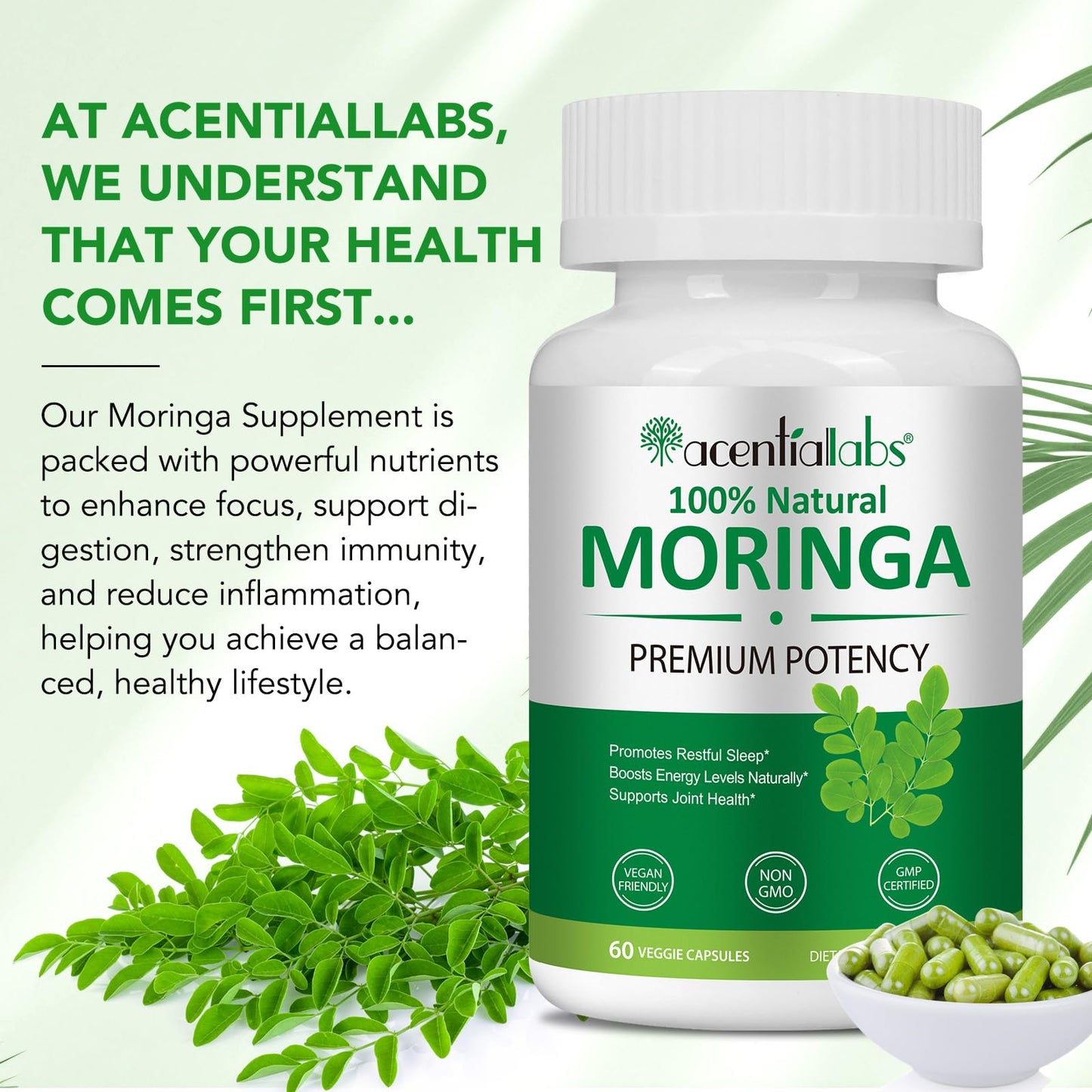 zoxpm Moringa Leaf Capsules 800mg, Moringa Powder Capsules Supplement Supports Energy, Joint & Immunity & Gut Health, Overall Vitality, Pure Vegan Extract Non-GMO (60pcs)