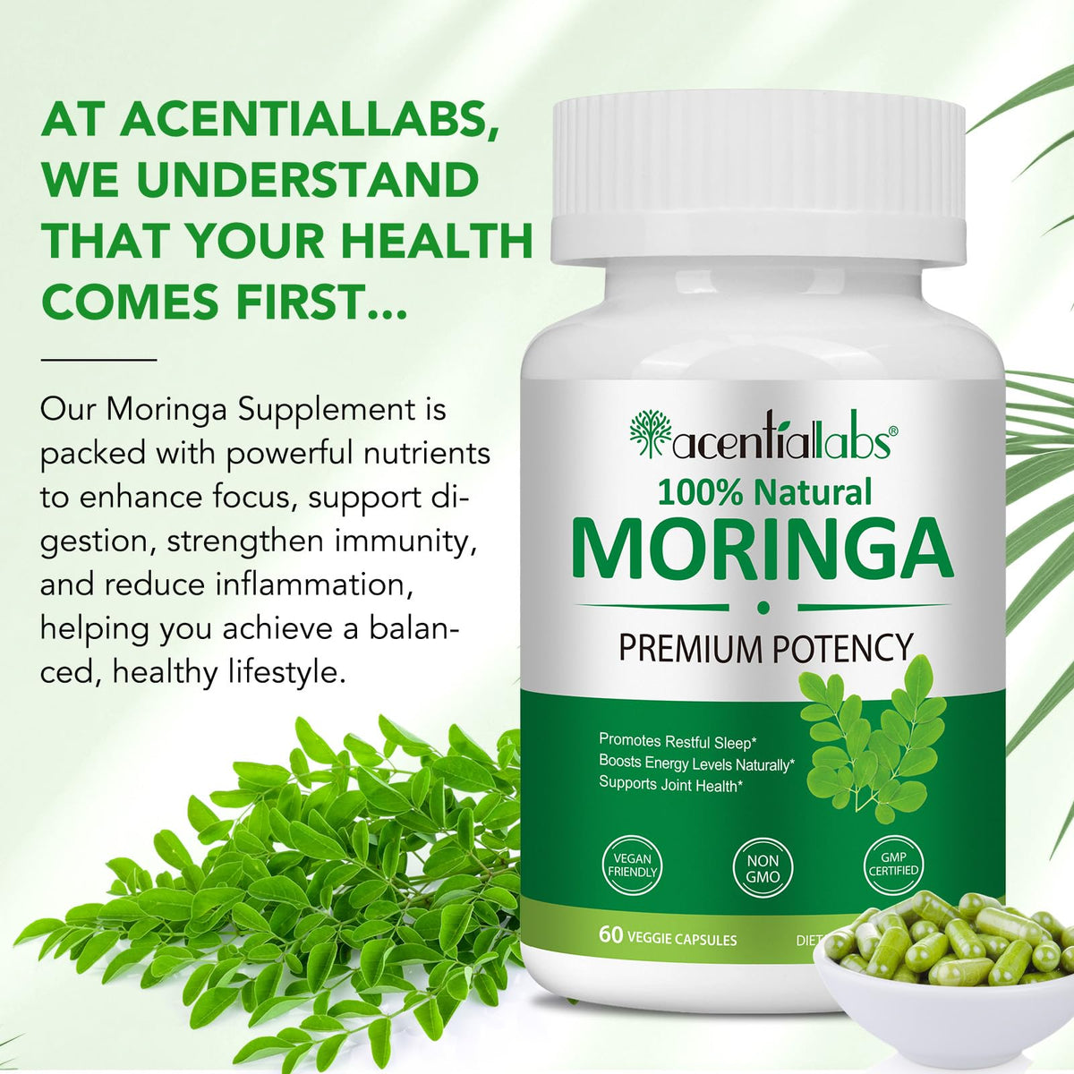 zoxpm Moringa Leaf Capsules 800mg, Moringa Powder Capsules Supplement Supports Energy, Joint & Immunity & Gut Health, Overall Vitality, Pure Vegan Extract Non-GMO (60pcs)