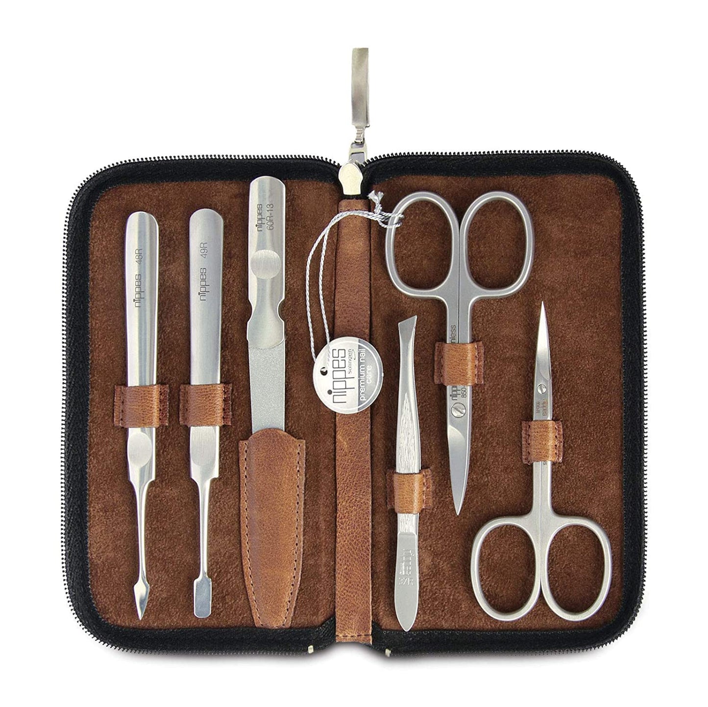 nippes Solingen Nippes Solingen Nippes Premium Line Manicure Set 6 Pieces Stainless Steel Rust and Nickel Genuine Cowhide Leather Case with Zip Fastener Brown