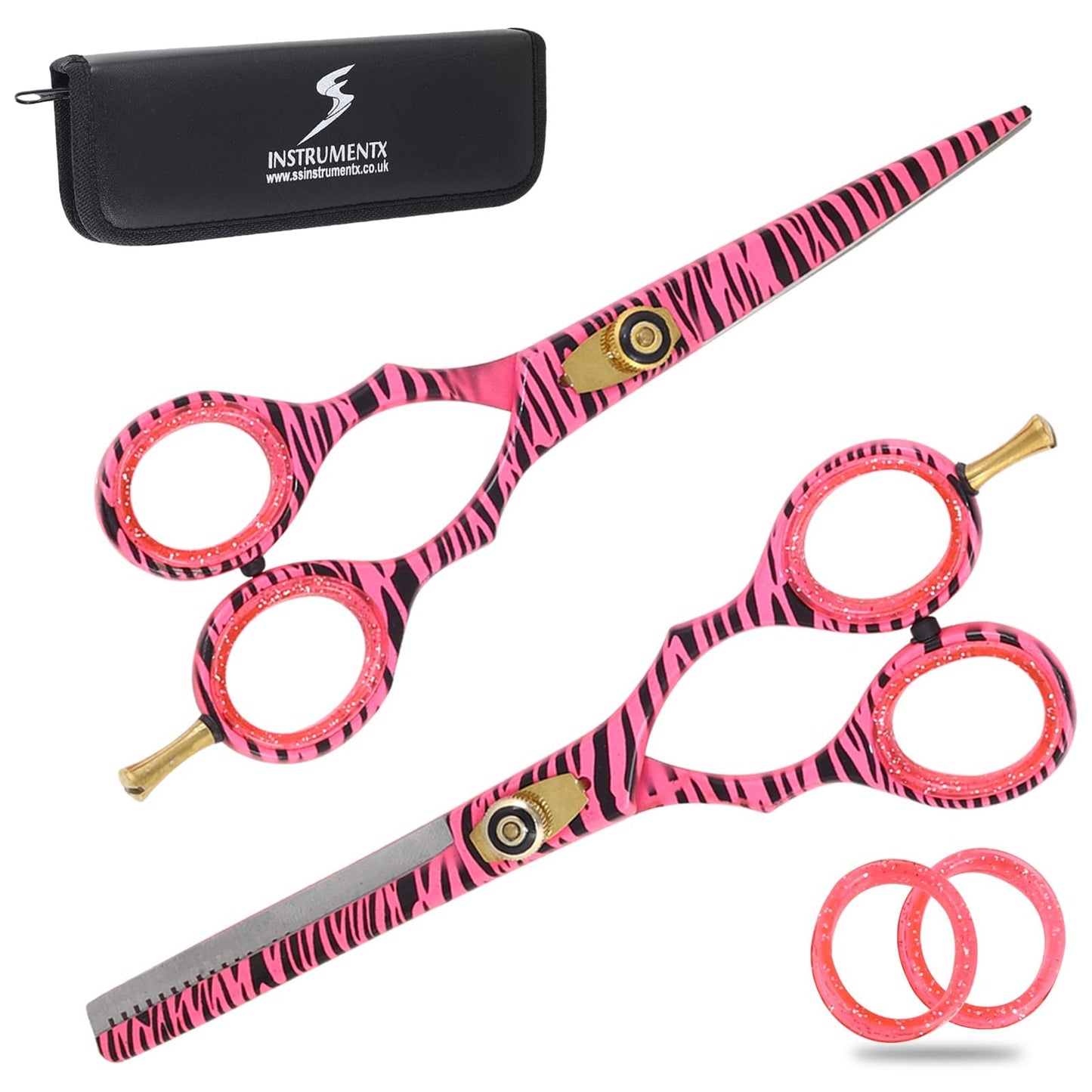 SS INSTRUMENTX Pink Zebra Professional Hairdressing Scissors & Thinning Shears Set – 6.0" Japanese Stainless Steel Barber Scissors for Salon and Home Hair Cutting
