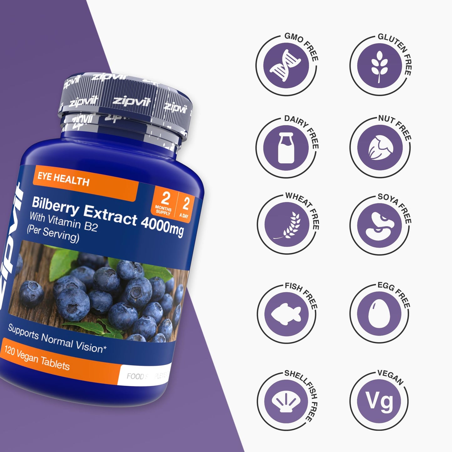 Zipvit Bilberry Extract 4000mg with Vitamin B2, Eye Vitamins with Anthocyanidins, Vaccinium Uliginosum, Supports Healthy Vision, 120 Vegan Tablets, 2 Months Supply