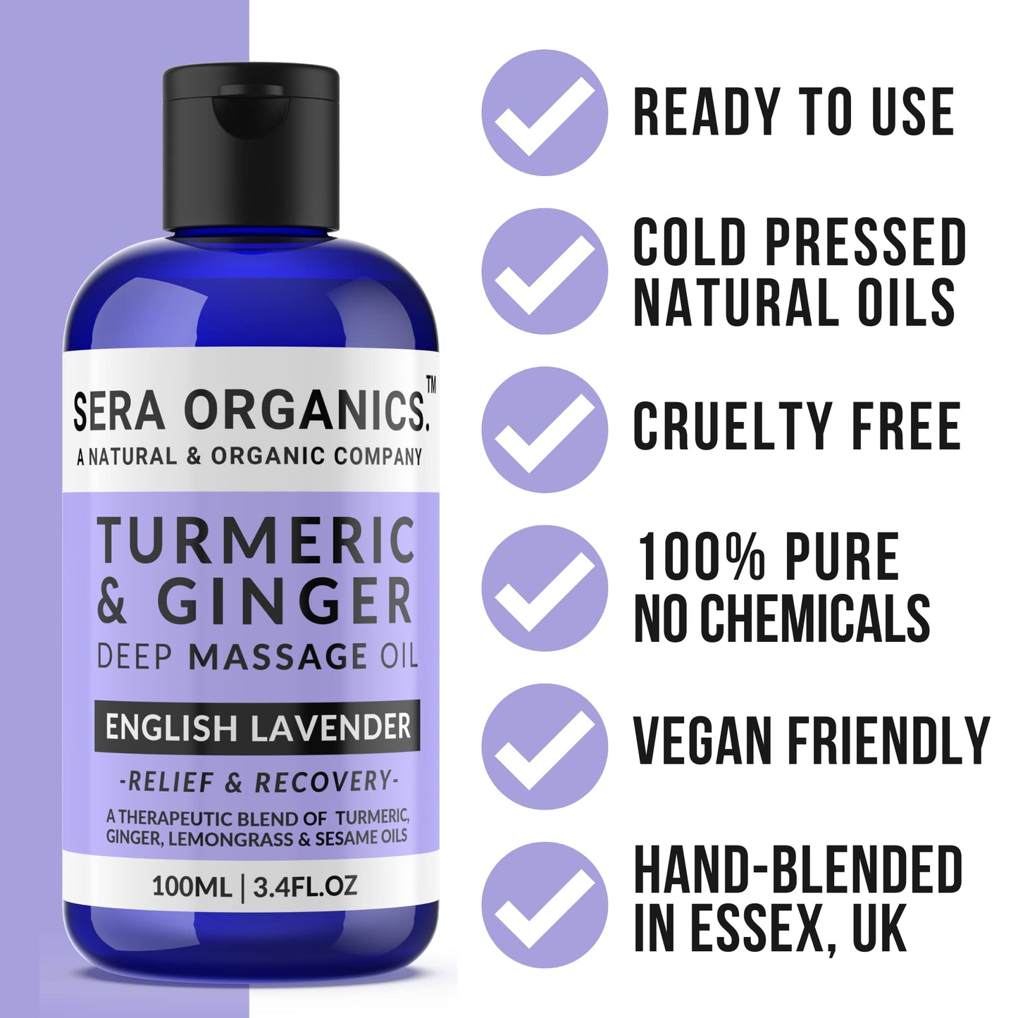 Turmeric & Ginger Massage Oil - Natural Ginger Oil Therapy For Lymphatic Drainage, Nerve, Muscle & Joint Discomfort Relief, Warming Relaxing & Soothing Massage - With Lavender (100ml) By Sera Organics