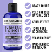 Turmeric & Ginger Massage Oil - Natural Ginger Oil Therapy For Lymphatic Drainage, Nerve, Muscle & Joint Discomfort Relief, Warming Relaxing & Soothing Massage - With Lavender (100ml) By Sera Organics