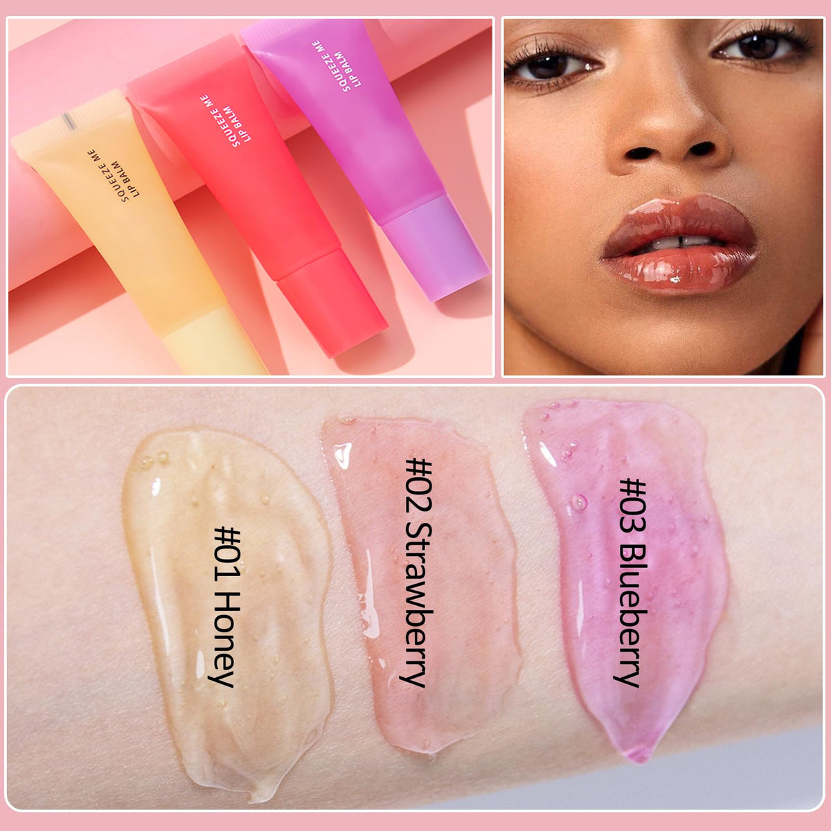 Prreal 2PCS Lip Balm Set, Moisturizing Lip Mask, Glossier Lip Balm, Strawberry Honey Lip Oil, Squeeze Lip Balms, Juicy Bomb Lip Gloss for Lip Care(Honey+Strawberry)