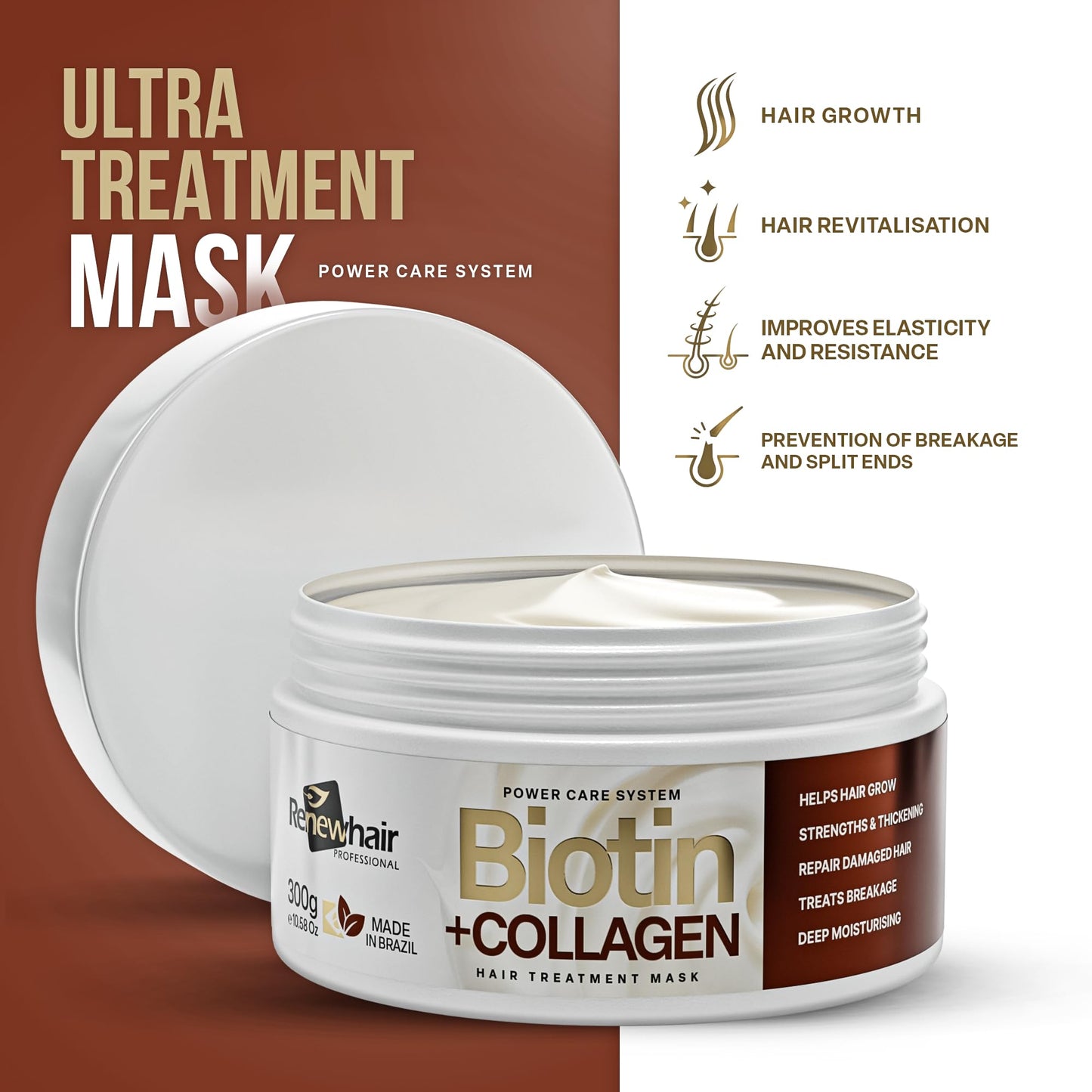 Renew Hair Professional Biotin And Collagen Hair Mask Helps Hair Grow Deep Conditioner for Thick Coarse Hair - Repair Product for Coloured Dry Damaged Curly Wavy,Vegan 300gr