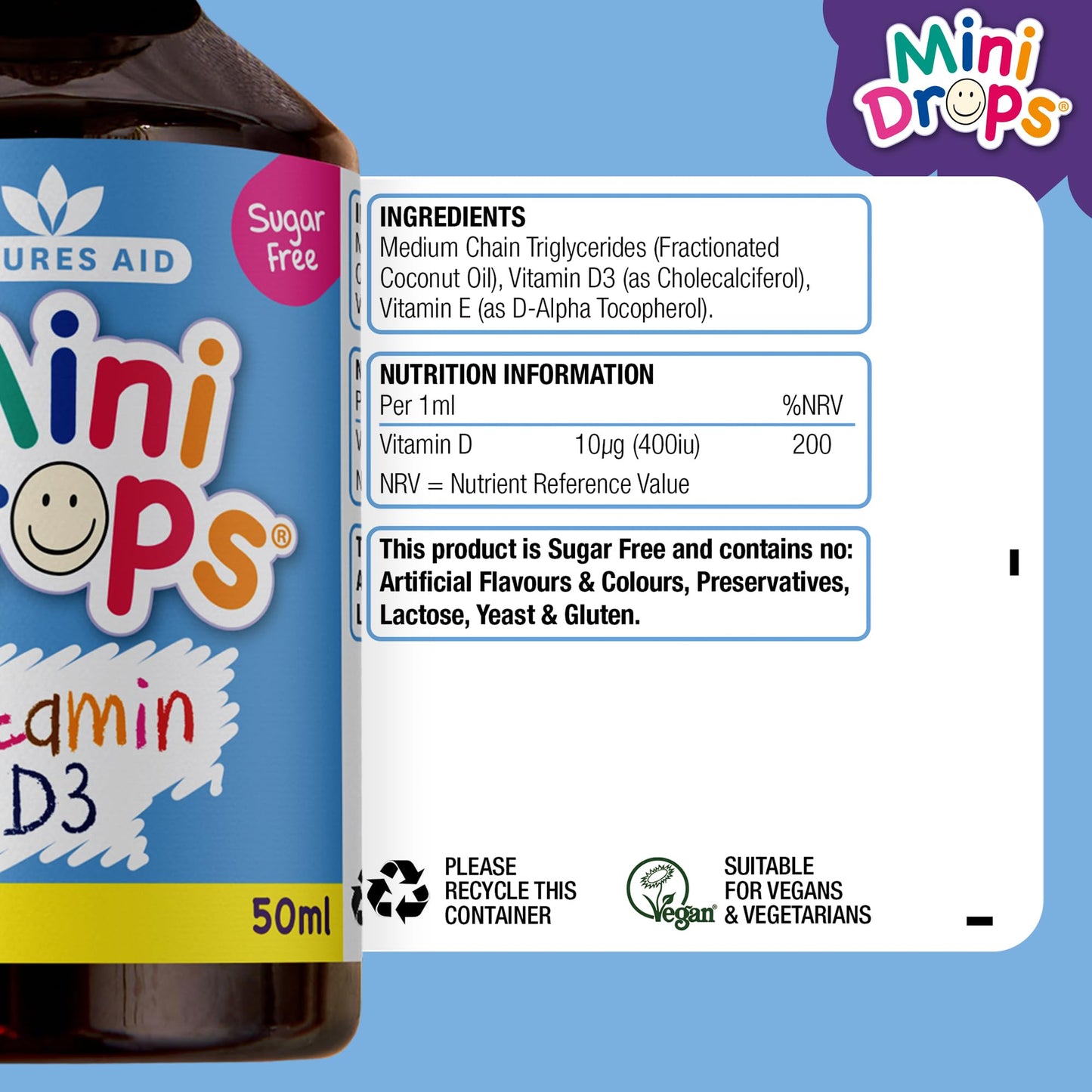 Natures Aid Mini Drops Vitamin D3 50ml for Infants & Kids - Bone, Teeth, Health & Immune System Support - Sugar Free, Vegan, Gluten-Free, Non-GMO - Growth Support for Children Age 0-5 Dropper Included