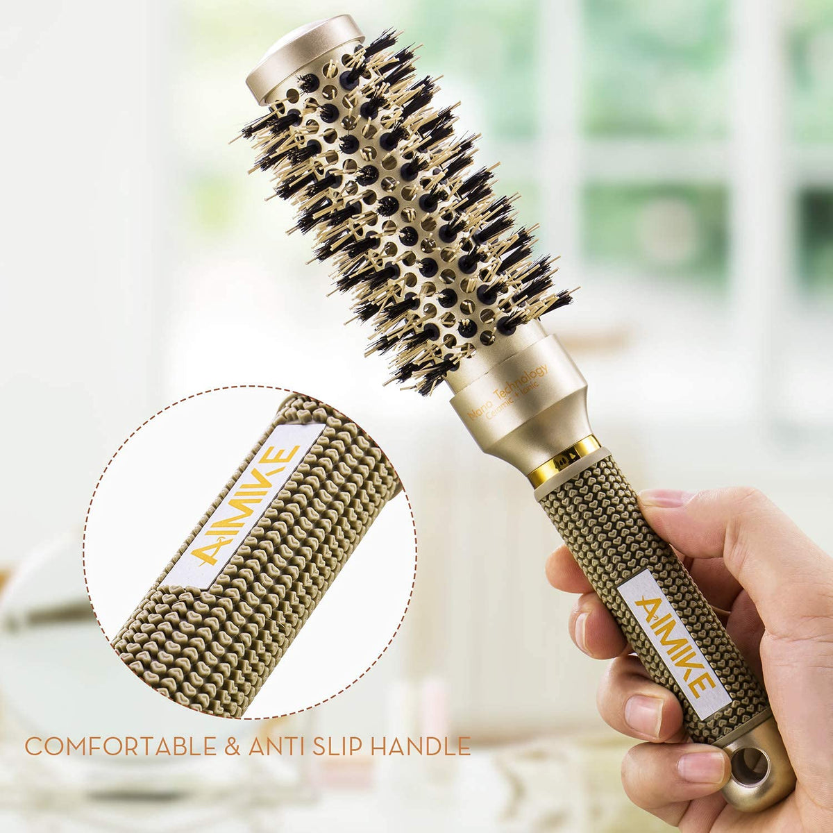 AIMIKE Round Brush, Nano Thermal Ceramic & Ionic Tech Hair Brush, Small Round Barrel Brush with Boar Bristles for Blow Drying, Styling, Curling and Shine (2.4 inch, Barrel 1.3 inch) + 4 Free Clips