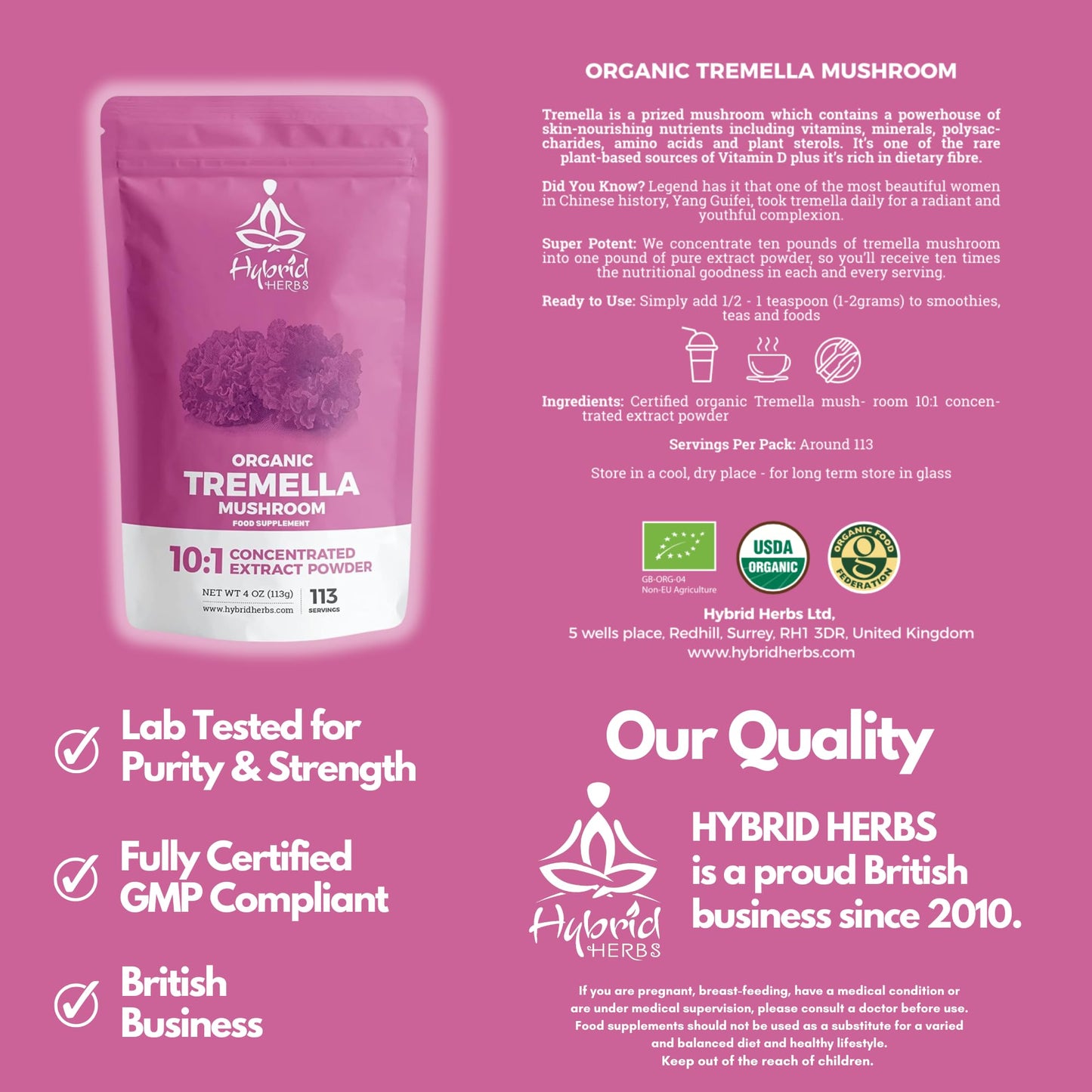 Hybrid Herbs HYBRID HERBS – Organic Tremella Mushroom | 10:1 Extract Powder 113g | Anti Aging Supplement for Beauty & Skin | Rich in Antioxidants, Beta Glucans, Vitamin D & Prebiotic Fibre