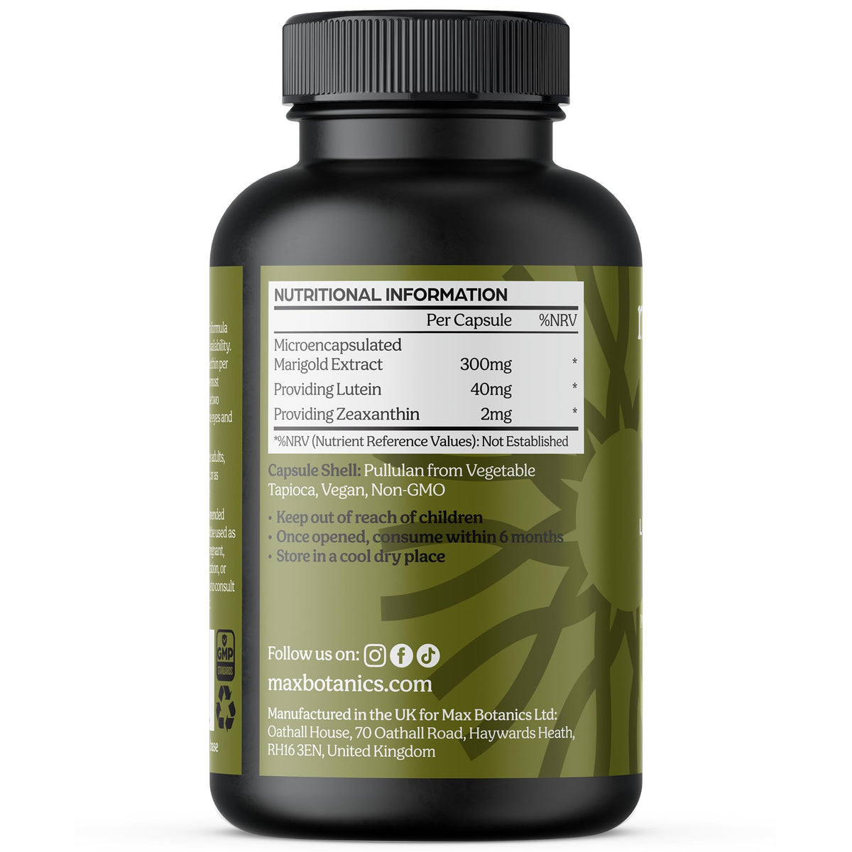 Max Botanics Lutein 40MG Zeaxanthin 2MG Natural Eye Strain Vision Support High Strength Supplement Blue Light Defence Macular Health Vegan 120 Capsules UK Made