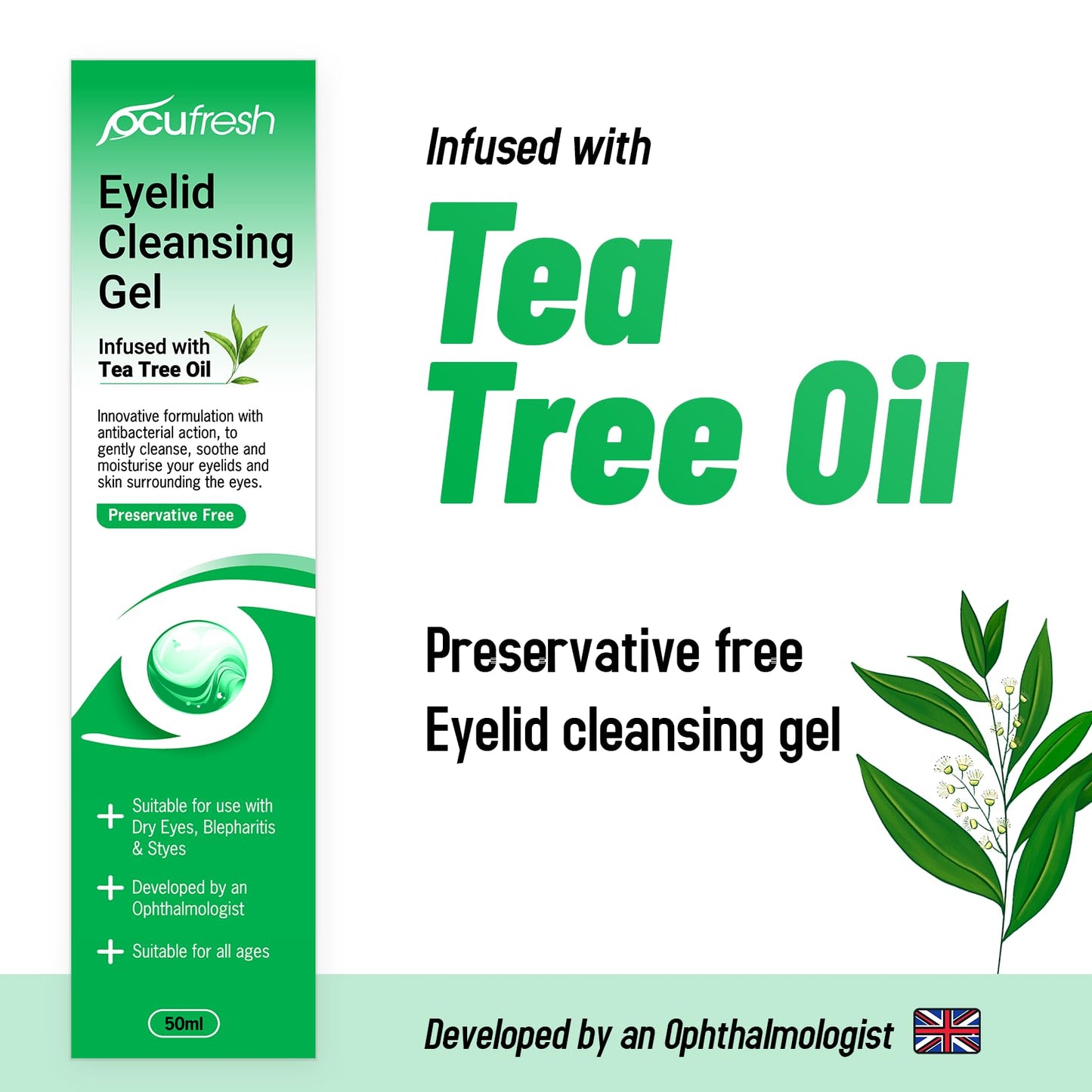 Ocufresh Eyelid Cleansing Gel with Tea Tree Oil – Hydraplus Technology for Long-Lasting Moisture - Antibacterial, Hydrating for Blepharitis, Styes – Natural, Preservative Free,for All Ages- 50ml