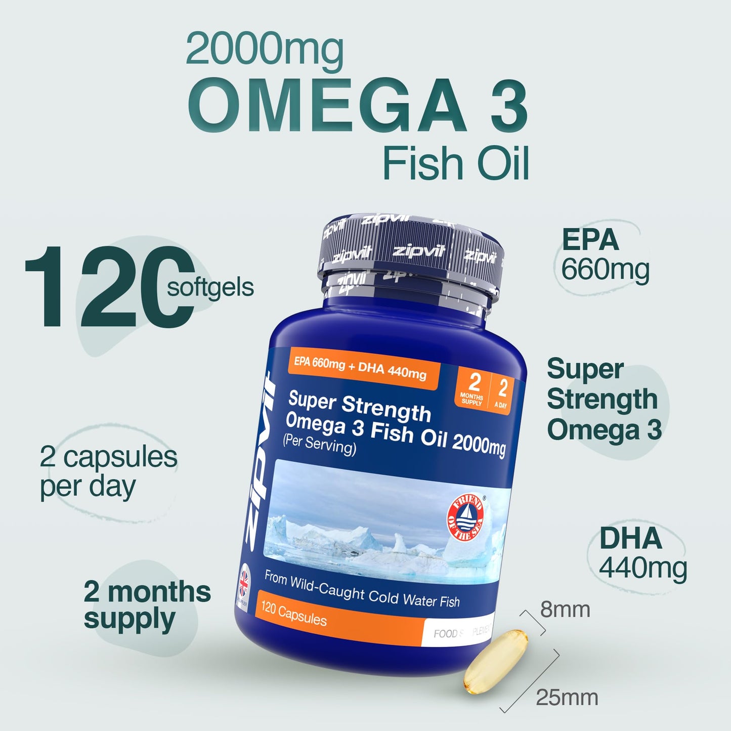 Zipvit Omega 3 Fish Oil 2000mg, EPA 660mg DHA 440mg, Wild-Caught, Cold Water Fish, Supports Heart, Brain & Vision, 120 Softgels, 2 Months Supply