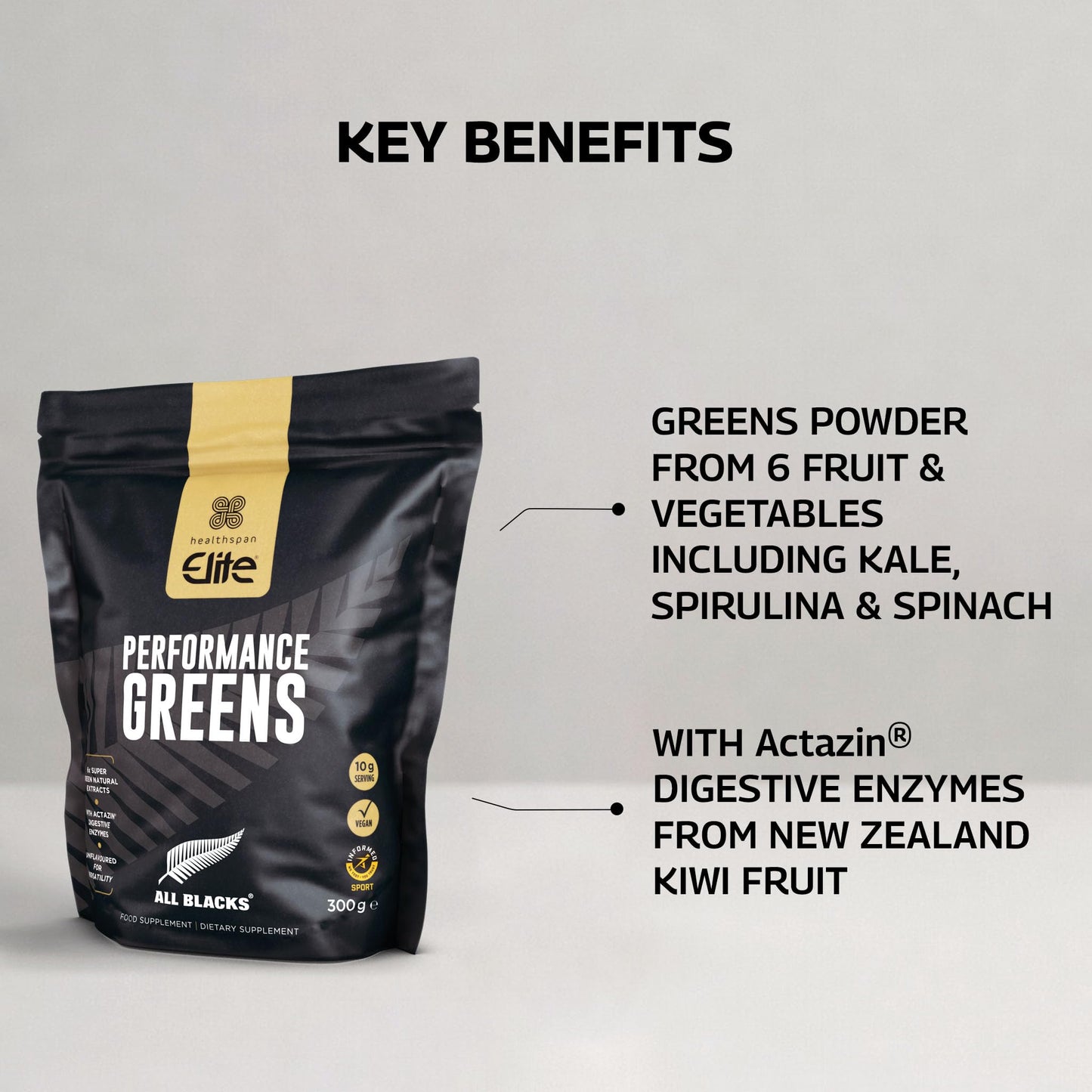 Healthspan Elite All Blacks Performance Greens (300g) | Super Green Extracts | Unflavoured | Add to Shakes or Meals | Includes Spirulina, Kale, Spinach, Broccoli & Pomegranate | Added Actazin | Vegan