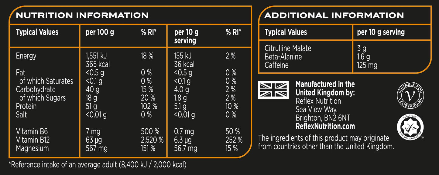 Reflex Nutrition Reflex Pre Workout Powder 3000 mg Citrulline Malate 1600 mg Beta-Alanine 125 mg Caffeine Plus B Vitamins and Electrolytes (Fruit Punch) (300 g)