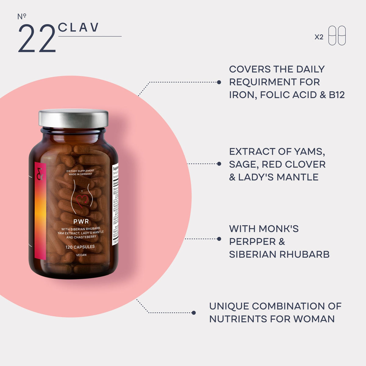 CLAV N°22 Power for Women with Wild Yam + Ladys Mantle + Vitex Agnus + Siberian Rhubarb + Iron + Folic Acid + B12-120 Capsules = 60 Days Supply - Vegan