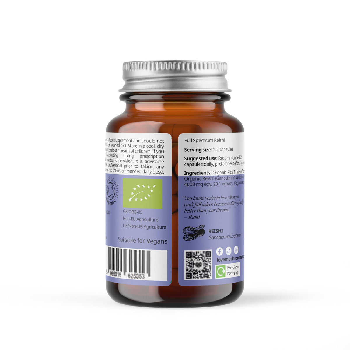 Love Mushrooms Organic Reishi Mushroom Capsules 4,000mg per Serving | High Strength Mushroom Supplement for Calm, Restfulness & Balance | Vegan, Plant Based Food Supplement, UK Made | 30 Capsules