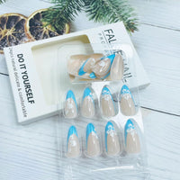 Cosmeria 24 Pieces Press on Nails, Blue French Tips, Medium Length Almond Shape Fake Nails with White Floral Design, Glossy Stick on Nails