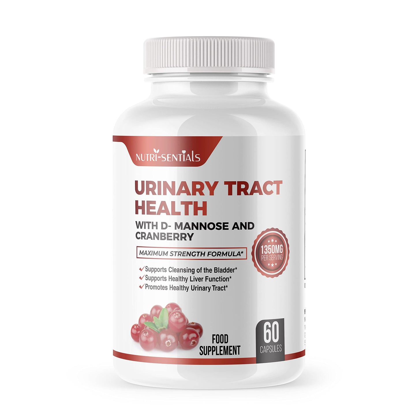 Nutri-Sentials Urinary Health Support D-Mannose Capsules with Cranberry Extra Strength Support 1350mg Function and Bladder Support|Urinary Tract Supplements