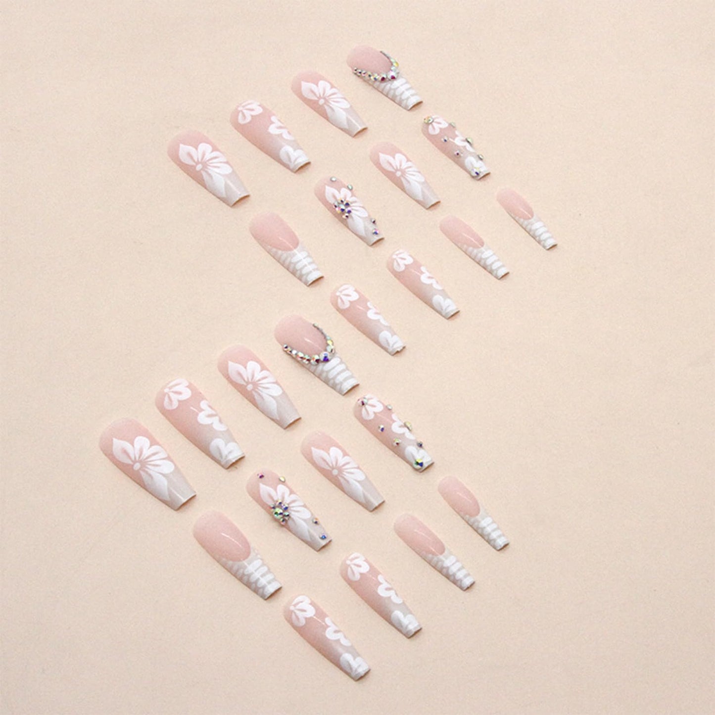 Angwis 24pcs Extra Long Square French White Tip Press on Nails With Rhinestone Flower - Removable Glue-on Full Cover Fake Nails for Women - Bridal Nail Art Accessories