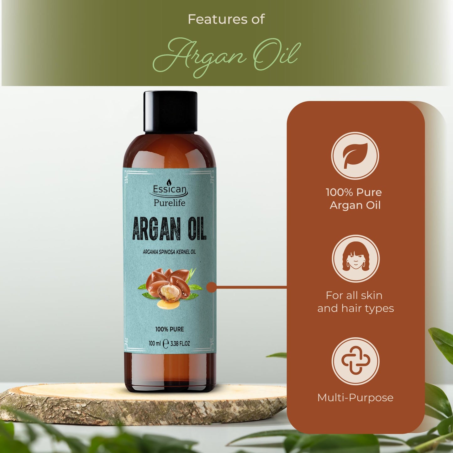 Essican Purelife ARGAN OIL 100% Moroccan Argan Oil, Cold Pressed Argan Oil For Face, Skin, & Body – Rich in Vitamin E For Healthy Skin, Pure Argan Oil For Hair & Nails, Frizz Control - Vegan, Cruelty-Free - 100ml