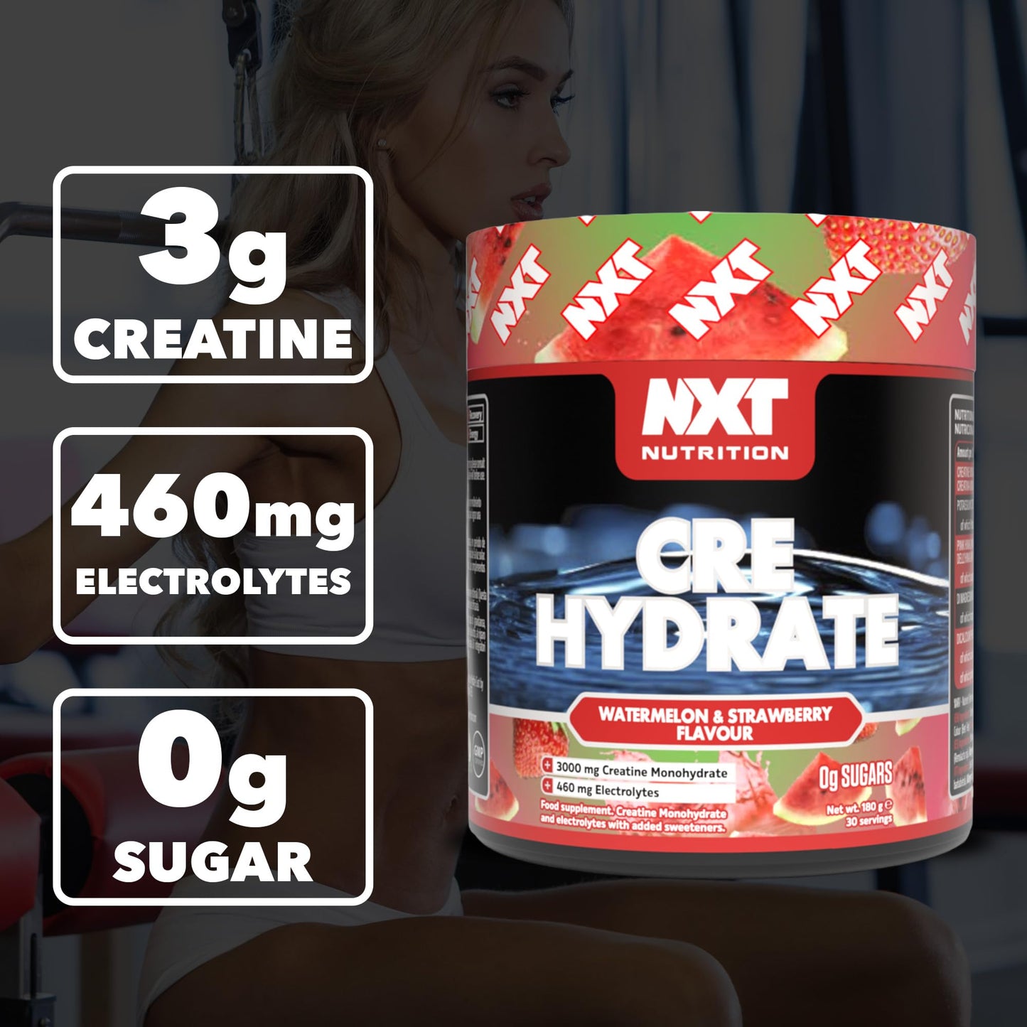 NXT Nutrition Creatine Powder and Electrolyte Mix, 100% Pure Creatine Monohydrate Powder for Strength and Power with Hydrating Electrolytes (180g, Watermelon and Strawberry)