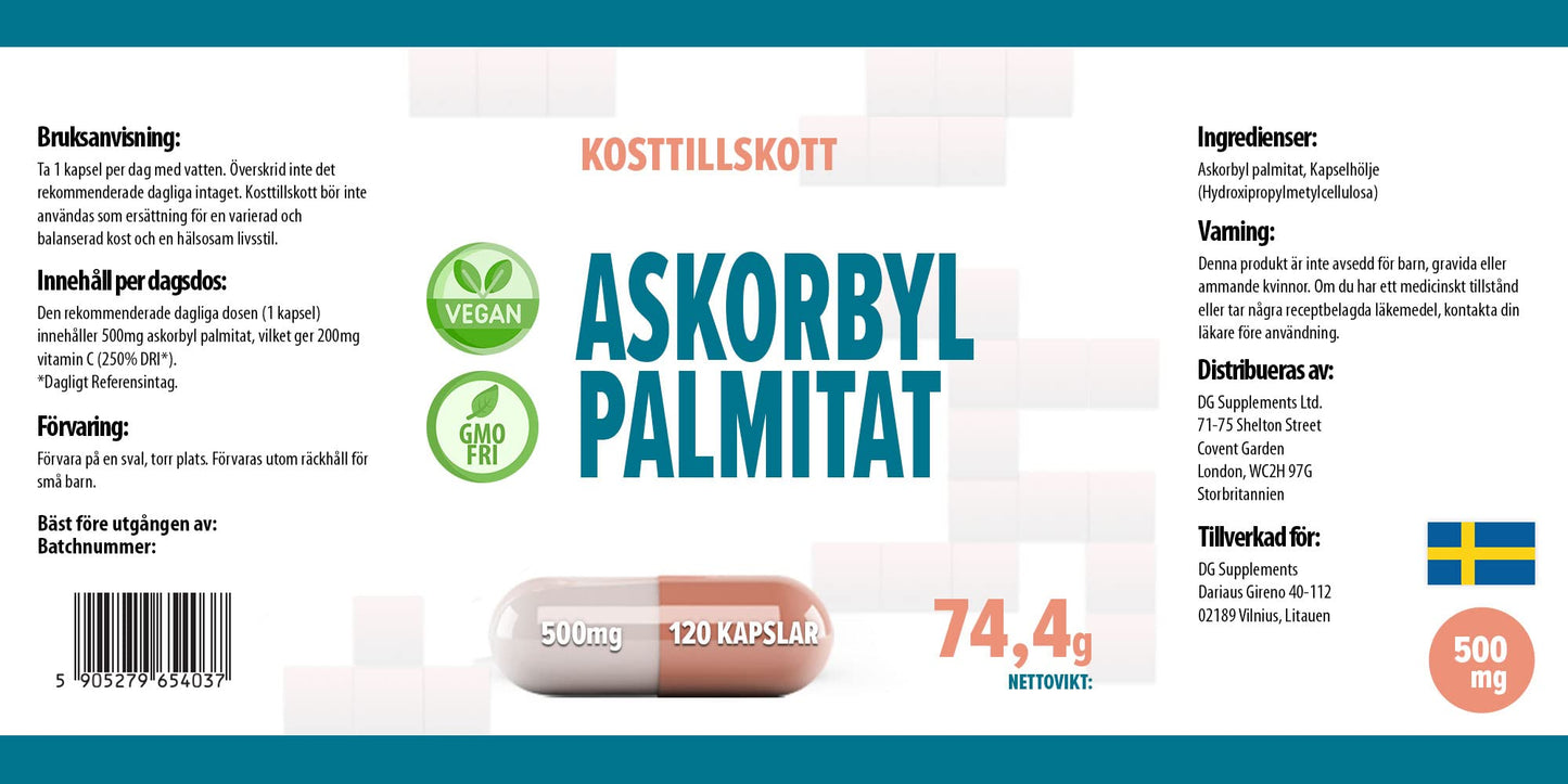 Hepatica Ascorbyl Palmitate 500mg 120 Vegan Capsules, 3rd Party Lab Tested, High Strength Supplement, No Fillers or Bulkers, Gluten and GMO Free