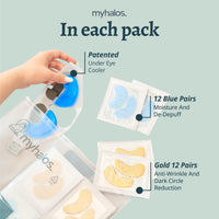 HM Halo Mask Under Eye Patches & Cooling Eye Mask Set- 24 Eye Masks for Puffy Eyes and Eye Bags Remover Kit- 24k Gold & Blue Under Eye Gel Patches - Cold Eye Mask for Puffiness - Eye Masks Skincare - Patented