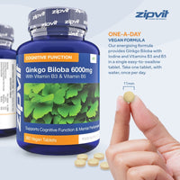 Ginkgo Biloba 6000mg Standardised Leaf Extract, 360 Vegan Tablets with Vitamin B3 and B5. Supports Focus, Mental Performance, and Energy. Vegetarian Society Approved. 12 Months Supply.