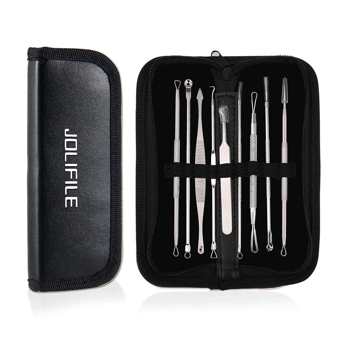 JOLIFILE Pimple Popper Tool, 9PCs Spot Popper Comedone Blackhead Remover Kits with Curved Tweezers and Pimple Popper Spot Remover for Facial Skin