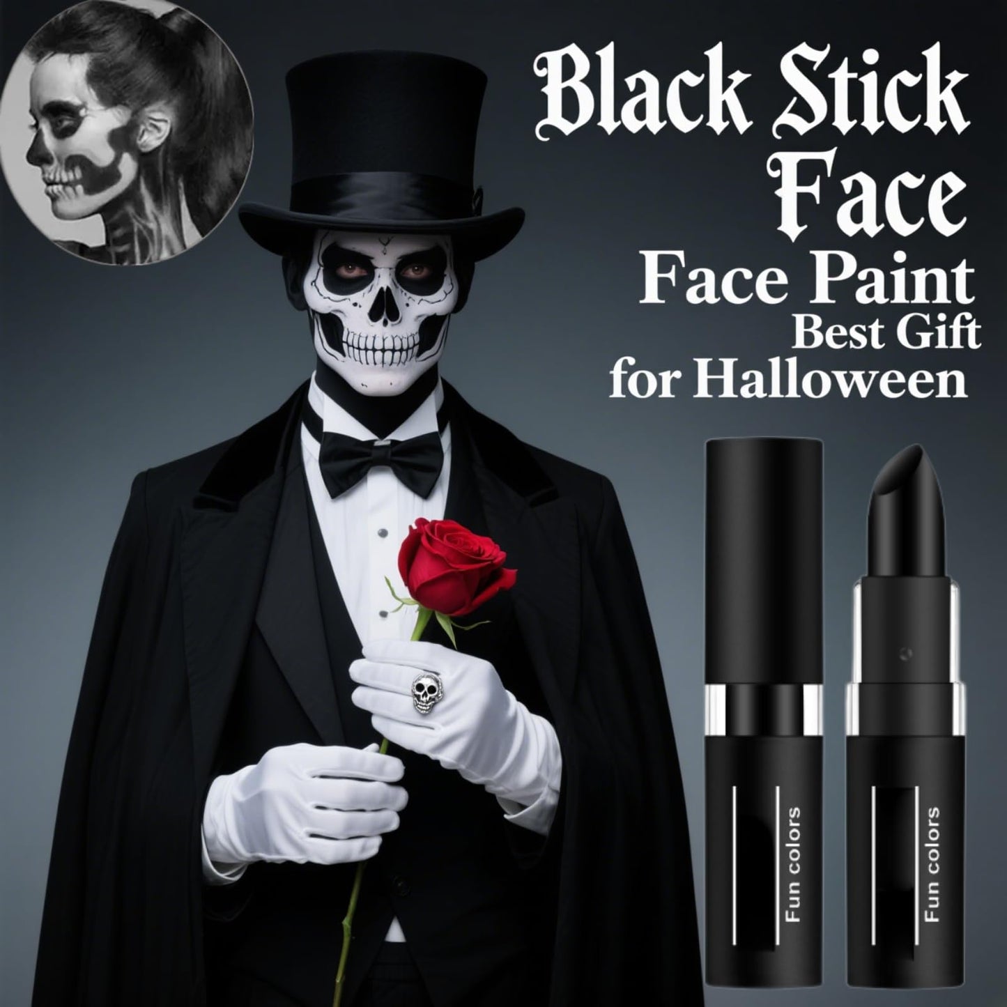 SHEBEEDO 3PCS Black Face Paint Stick, Sweat Proof & Water-Resistant Body Paint,Easy to Color Halloween Long-Lasting Black Lipstick, Ideal for Sports & Makeup with Face Paint Sticks