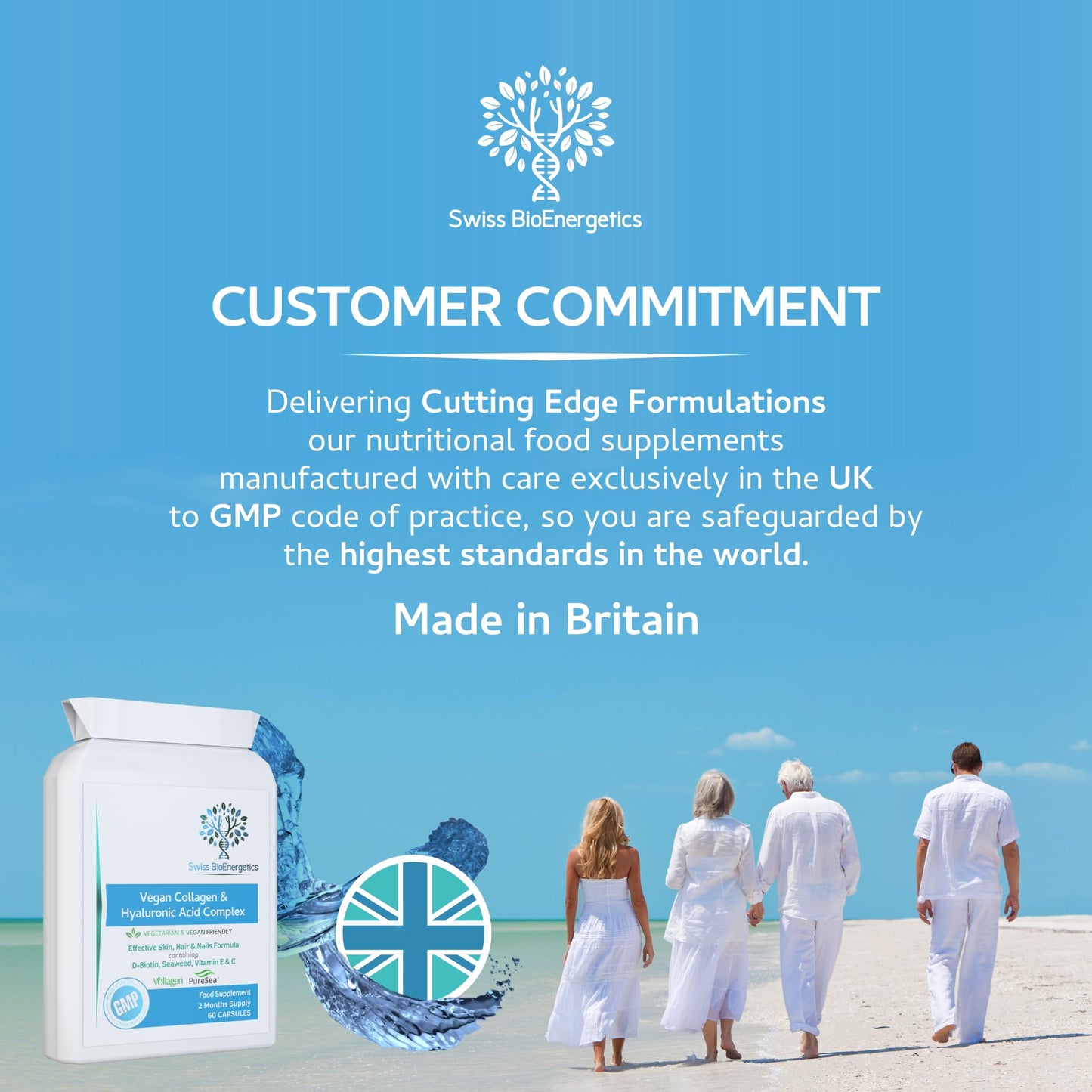 swiss bioenergetics Vegan Collagen & Hyaluronic Acid Complex - 60 Capsules - Effective Skin, Hair & Nails Formula with 500mg of Vollagen in The Exact Amino ratios of Human Collagen - D-Biotin, Seaweed, Vitamins E&C