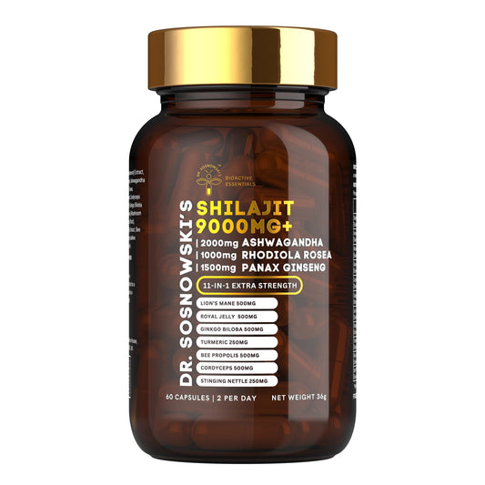BioActive Shilajit Blend by Dr. Sosnowski's with Ashwagandha, Rhodiola Rosea, Lions Mane, Panax Ginseng, Royal Jelly, Ginkgo Biloba, Turmeric, Bee Propolis, Cordyceps and Stinging Nettle| 60 Capsules