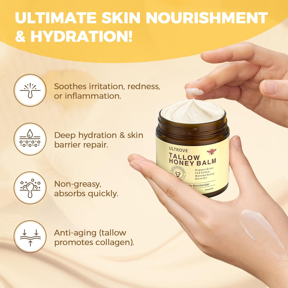 Ultrove ULTROVE Beef Tallow and Honey Balm for Skin, Natural Face + Body Moisturizer with Organic Grass-Fed Beef Tallow & Raw Wild Honey for Dry & Sensitive Skin, 4.23oz